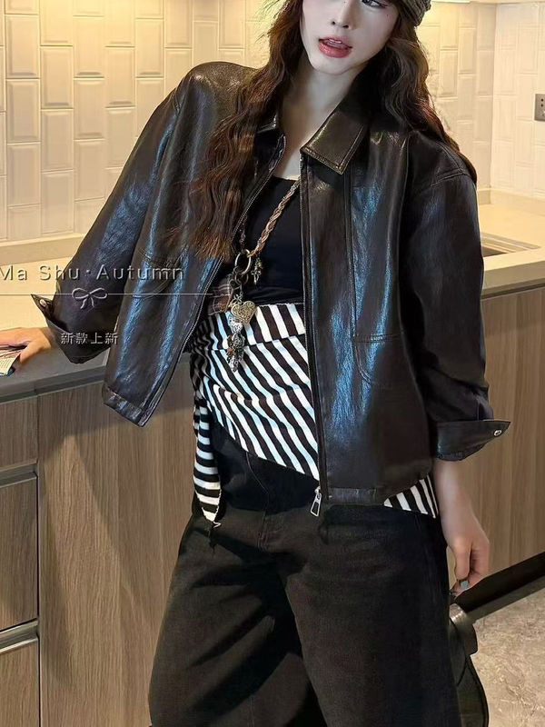 短款皮衣外套女2025春秋新款复古港风休闲气质长袖PU皮机车夹克女|undefined