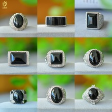 铜镶嵌和田玉青玉蛋面戒指黑青色玉石玉器时尚男戒戒圈直播货源