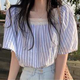 韩国chic夏季甜美蕾丝边方领小清新宽松显瘦喇叭袖短袖条纹衬衫女