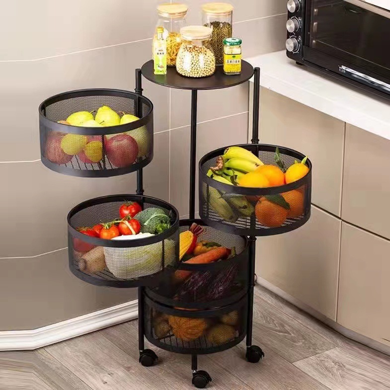 Kitchen vegetable storage rack multi-layer floor-standing round rotating basket fruit corner drainage tray with wheels
