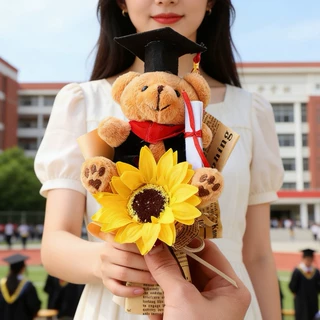 毕业季迷你博士熊玩偶小花束公仔向日葵香皂花仿真永生花伴手礼物