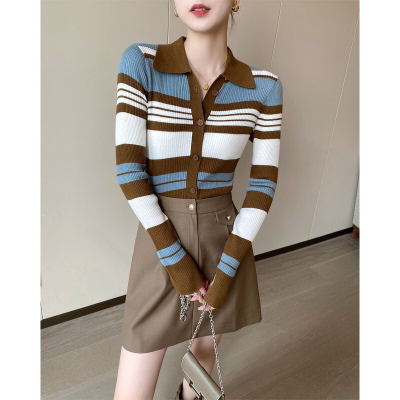 PIN color-blocked striped polo collar knitted cardigan for women, autumn 2026 new retro slim-fit sweater jacket PIN color-blocked striped polo collar knitted cardigan for women, autumn 2026 new retro slim-fit sweater jacket