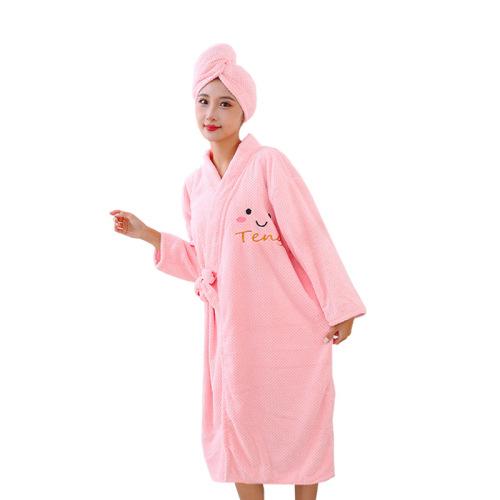 Longli Pineapple Gauze Long-Sleeve Bath Robe Set, Adjustable Strap Wearable Towel, Cute Water Absorbent Thick Bath Cap