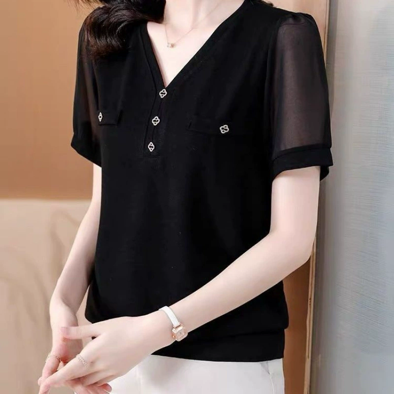Женская футболка большого размера из ледяного шелка с короткими рукавами, летняя новая модная шифоновая рубашка, свободная рубашка для похудения, закрывающая живот, стильный топ с v-образным вырезом