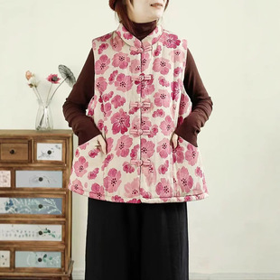 Ancient Cafe Clothing Autumn and Winter Vintage Button Printing Clip Cotton Vest Women's Artistic Collar Sleeveless Cardigan Elegant Top