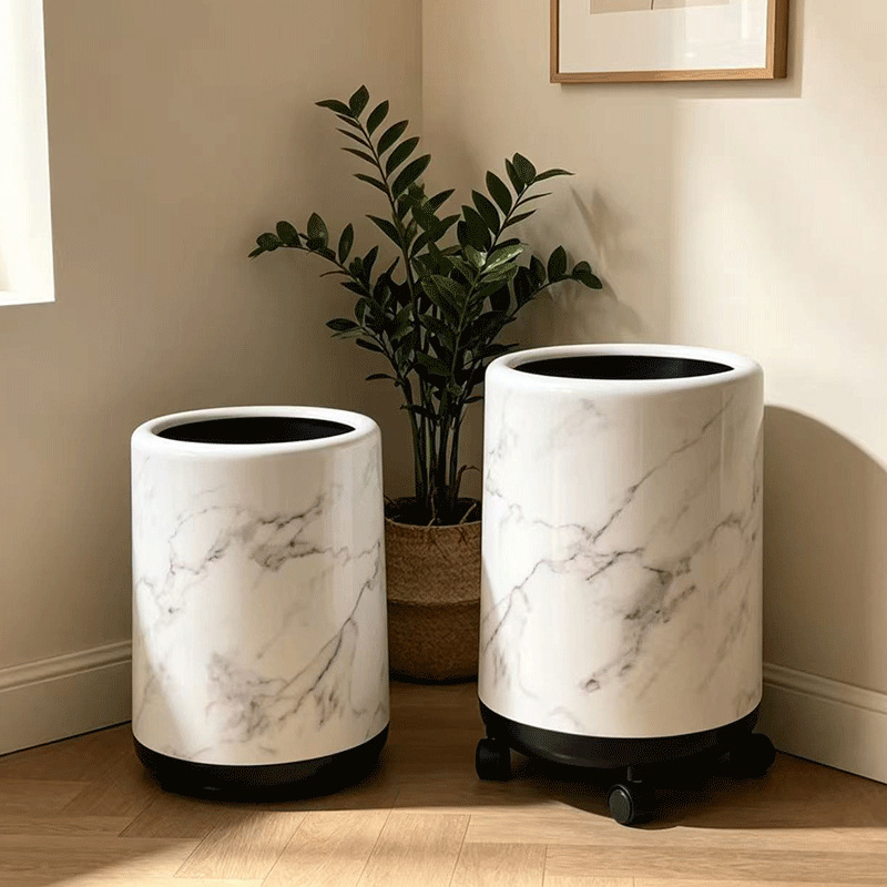 Luxury Marble-Patterned Double-Bin Household Trash Can with Wheels, Large Opening, for Kitchen Waste and Sanitation