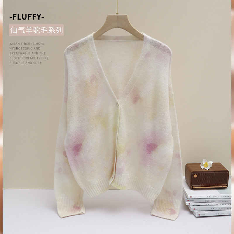 Bamine Handmade Tie-Dyed Alpaca Wool Round Neck Pullover Bottoming Knitted Sweater for Women 2025 Autumn and Winter New Style