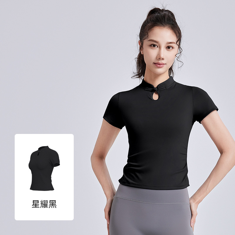 Juyitang nuevo estilo yoga de estilo nacional manga corta mujer hebilla de disco top deportivo chino verano ropa de yoga de moda nacional