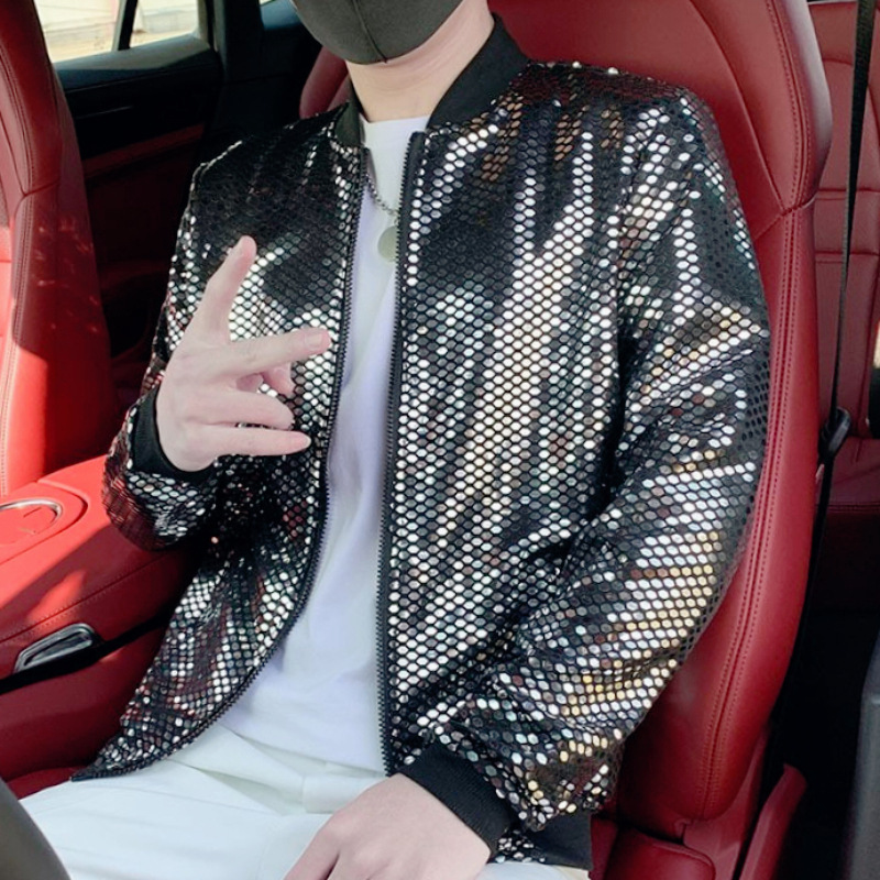 Tiktok New Men's Stylish Nightclub Thin Jacket, Trendy Youth Sequin Stand-Collar Coat, Spring and Summer Men's Fashion