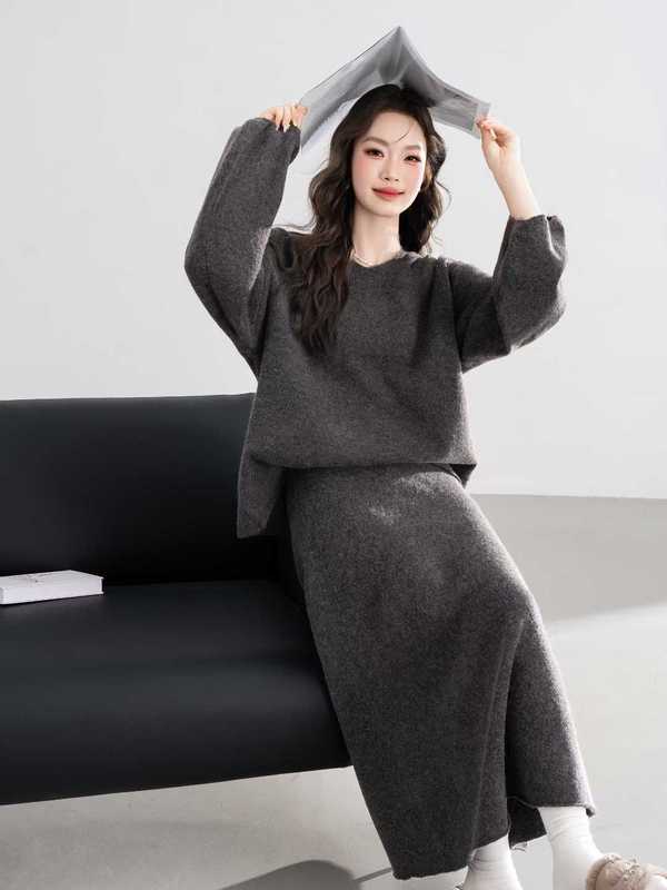 2024秋冬款时尚休闲毛衣女针织套装连帽女阔腿裙外贸宽松两件套潮|undefined