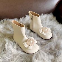 秋冬女童公主短靴珍珠儿童真皮靴软底加绒平底大码白色软底马丁靴