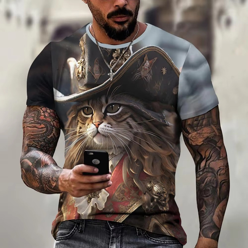 Cross-Border Hot Selling Aliexpress New Men's Summer 3D Digital Printing Western Cat Round Neck Short-Sleeved T-Shirt