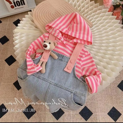 女童春秋背帶裙套裝2024新款女寶寶條紋上衣兒童時尚牛仔裙兩件套