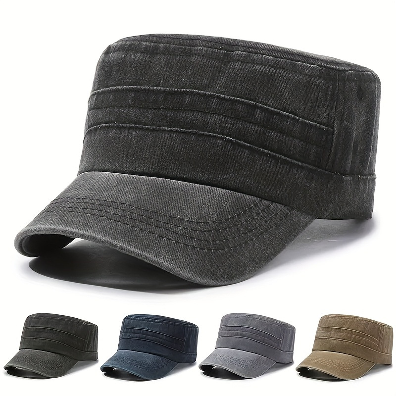 Cross-Border Popular Men's Flat-Top Hat, Solid Color Military Cap, Summer Vintage Washed Sun Hat, Trendy Men's Baseball Cap