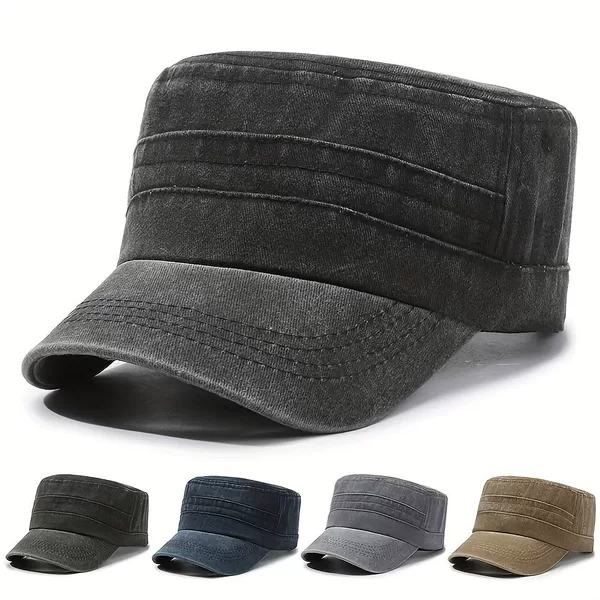 Cross-Border Popular Men's Flat-Top Hat, Solid Color Military Cap, Summer Vintage Washed Sun Hat, Trendy Men's Baseball Cap