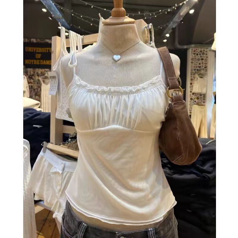 bm Style American Retro Lace-up Pleated Small Sling Female bm Sexy Cool Slimming Look Sleeveless Vest Pure Desire Top Trendy