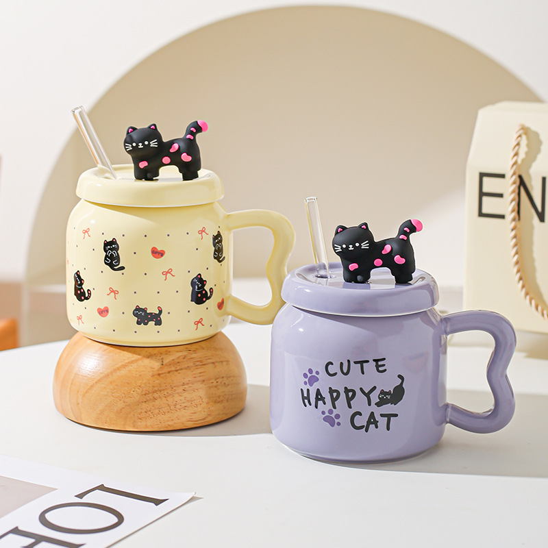 Taza de paja de dibujos animados de gato lindo suave Taza de oficina de alto valor con tapa Taza de pareja casera Taza de desayuno