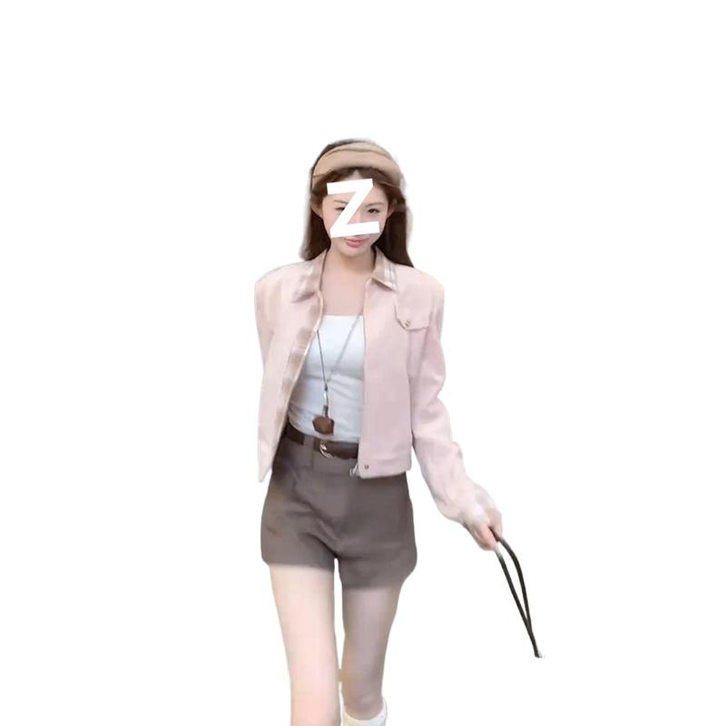 少女巴恩粉色拼接格纹短款外套女秋季韩系小个子休闲百搭夹克上衣|undefined