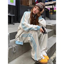 撞色卫衣运动服套装女春秋学生宽松外穿时尚跑步休闲阔腿裤两件套