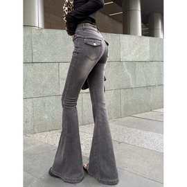 实拍实价！美式黑色高腰微喇修身牛仔裤女蜜桃臀复古拖地裤潮