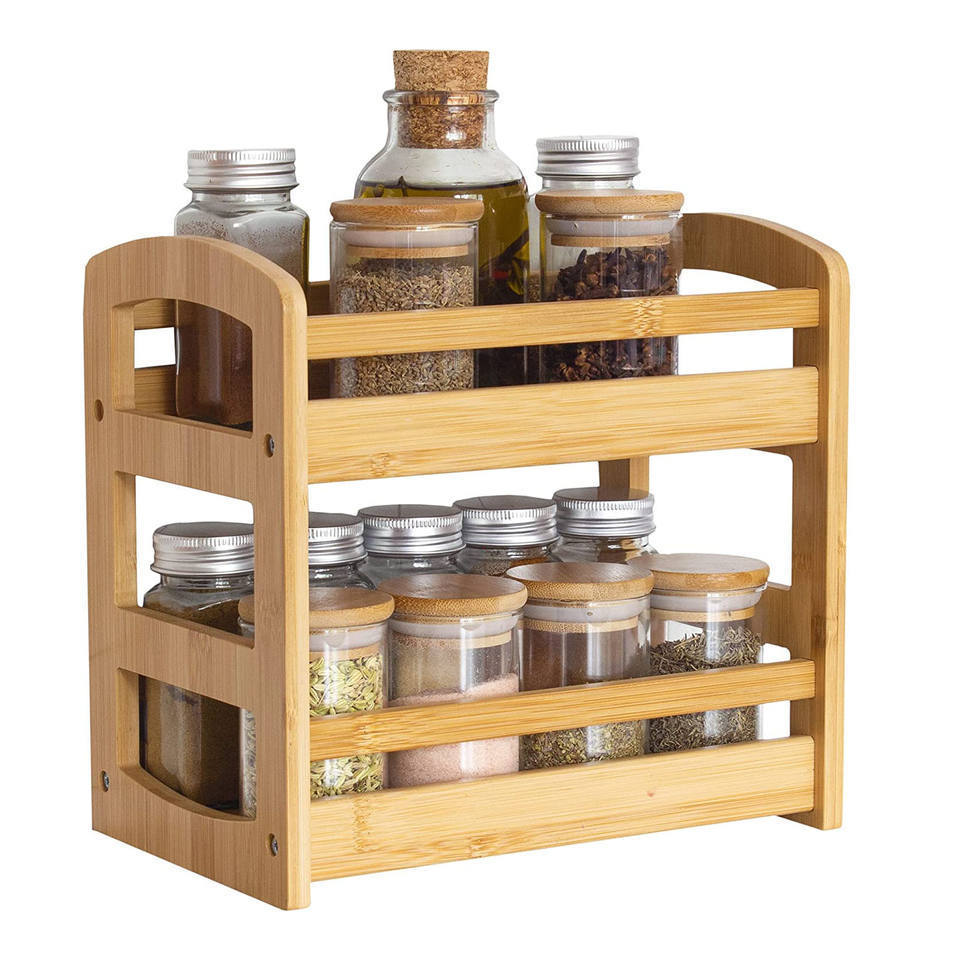 Double-layer kitchen seasoning rack Double-layer desktop spice storage rack Bamboo and wood storage rack Bathroom countertop finishing rack Wholesale