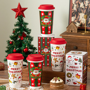 Christmas Accompanying Gift Cup with Lid Mug Ceramic Cup Christmas Day Accompanying Gift Coffee Cup Portable Cup