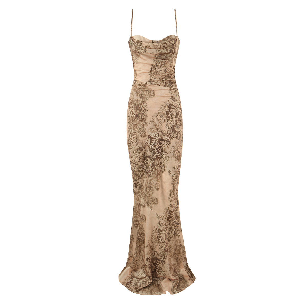 2026 New Retro Printed Long Suspender Dress Retro Square Neck Sexy Slim Backless Evening Dress