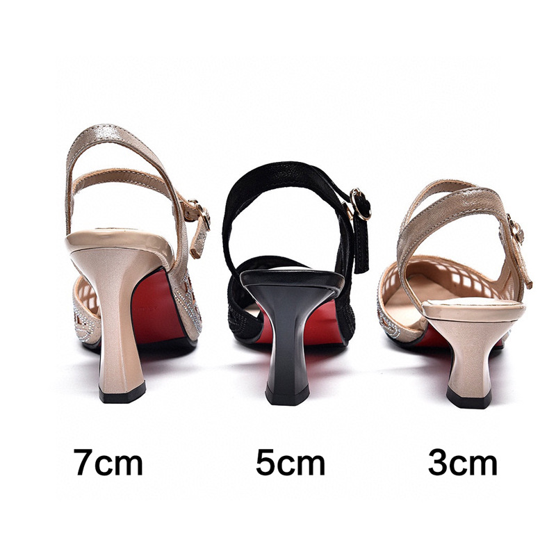 Sandal cao gót nữ mũi nhọn bít mũi lưới khoét lỗ, quai đơn, gót 3 cm — Gót vàng 3cm