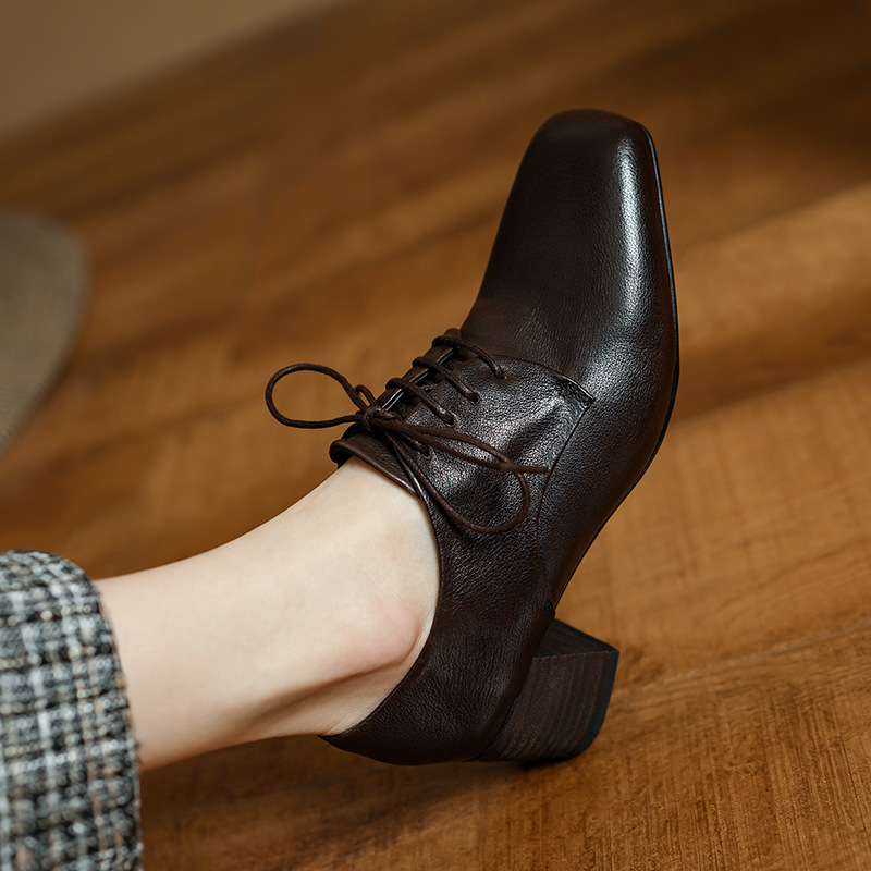 First-Layer Cowhide 2025 Spring and Autum Square Toe Thick Heel Genuine Leather Flats Lace-Up High Heels Black Brown Small Leather Shoes