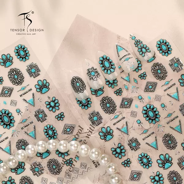 Moji Turquoise Geometric Pattern Silver Nail Art Stickers M-1476 American Retro Style Series Pattern Nail Stickers