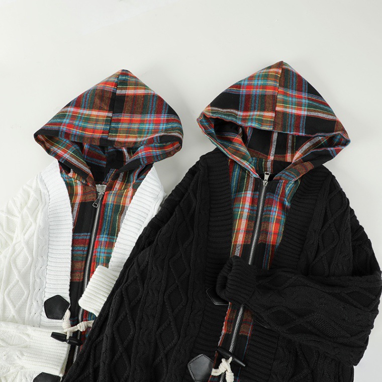 Cardigan de punto a cuadros, camisa de hombre primavera y otoño pesada con sombrero, marca de moda suelta, camisa de costura universitaria