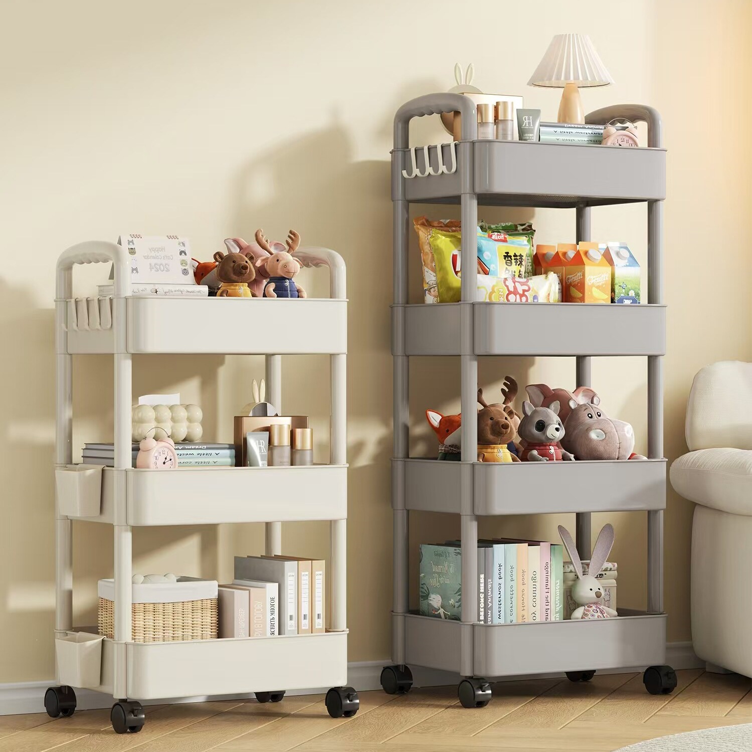 Mobile cart shelf, movable bookshelf, floor-standing movable rack for living room and bedroom, snack rack, kitchen storage, home shelf