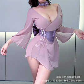 情趣内衣紫色中式性感cos御姐制服睡衣套装纯欲擦边开裆透视睡袍