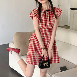 辣妹镂空红色格纹裙女夏季新款新中式短裙修身显瘦森系甜美A字裙