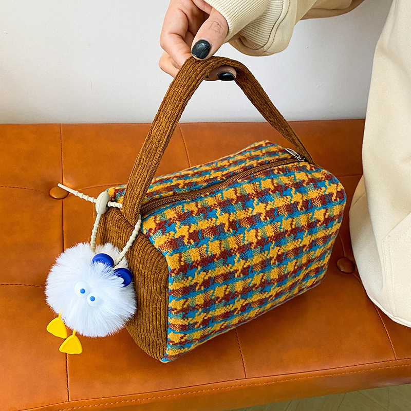 Houndstooth Go-Out All-Match Handbag Female Office Handbag Hairy Puffer Dolphin Hand Makeup Storage Bag