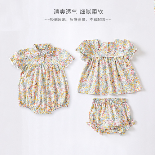 2024 summer baby fashionable girls floral princess bag fart clothes baby sweet crawling clothes baby short-sleeved suit