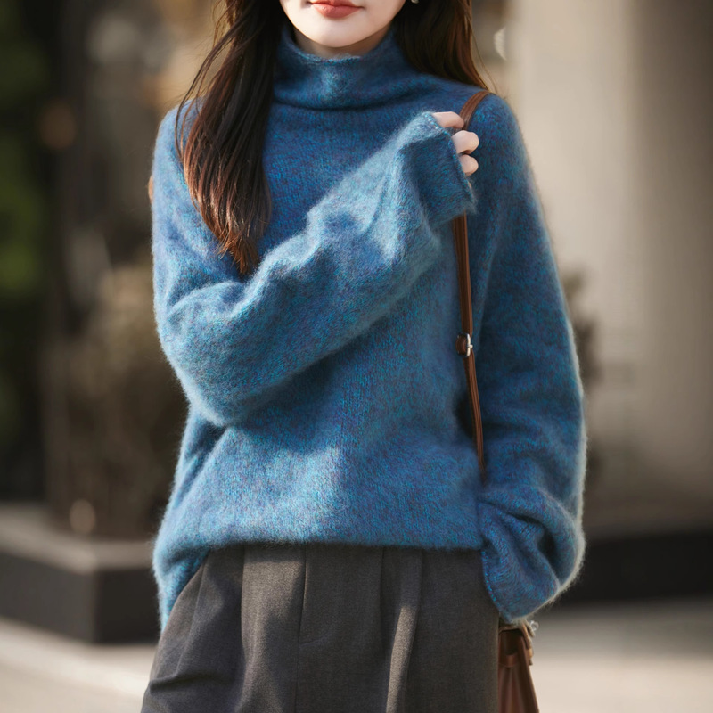 New Cashmere + Wool Turtleneck Thickeneded Brushed Wool Sweater for Women Loose Lazy Style Knitted Cashmere Sweater