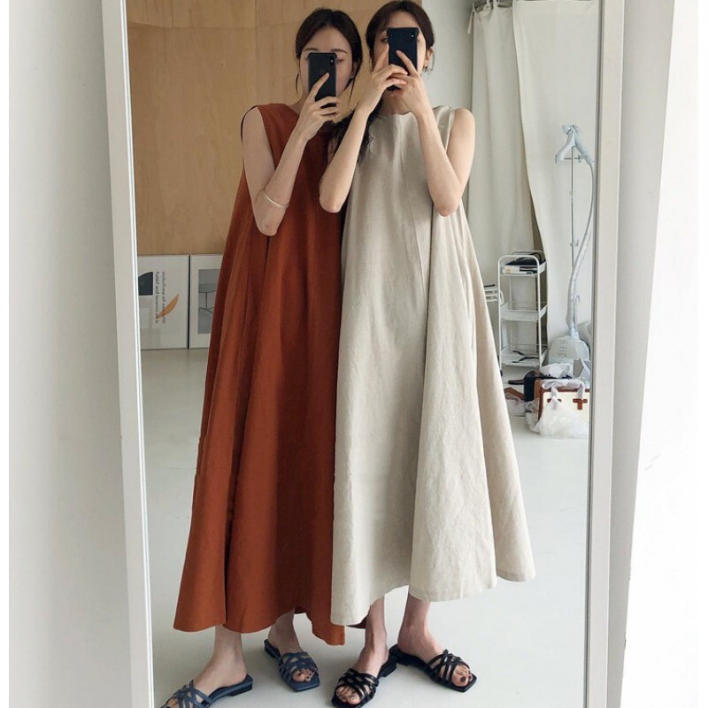 New Pure Cotton A-Line Skirt, Loose Korean Style Long Skirt, Casual Niche Versatile Pure Color Sleeveless Round Neck Dress for Women