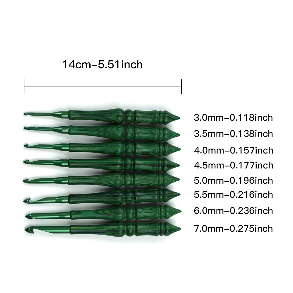 Aguja de trenzado transfronteriza de madera sintética verde ganchillo 3.0-7.0 pequeño estilo europeo mango de ganchillo 8 conjuntos