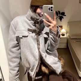 美式毛毛拼接立领加绒甜酷宽松休闲加厚叠穿秋冬款短外套情侣夹克