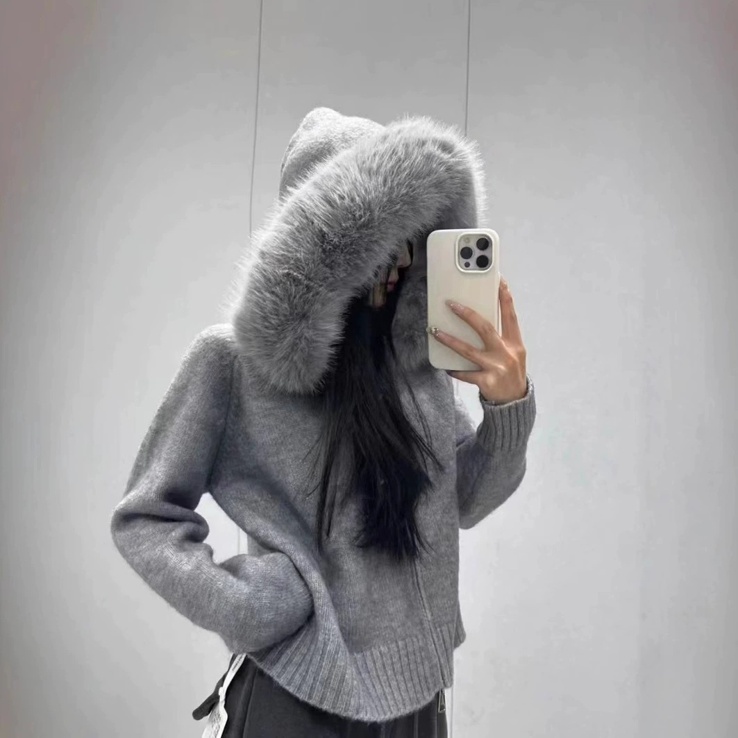 Cross-border coreano retro otoño invierno jersey de punto mujeres relajado casual versátil de manga larga cuello con capuchón suéter chaqueta mujer