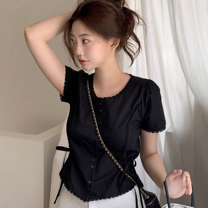 Now H Pure Color Lace Short-Sleeved Waisted Women's Shirt 2025 Summer Korean Dongdaemun Design Top