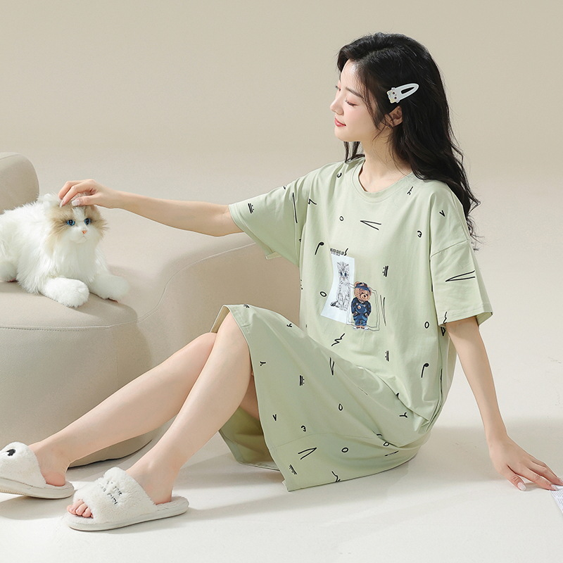 [Personalizado] 7A pijama de manga corta de algodón antibacteriano de gran tamaño gordo m200 kg camisón de maternidad verano femenino dulce y lindo