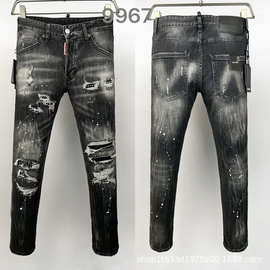 9967烫钻破洞D2男装牛仔长裤潮流欧洲站风磨白小直脚跨境潮牛仔裤