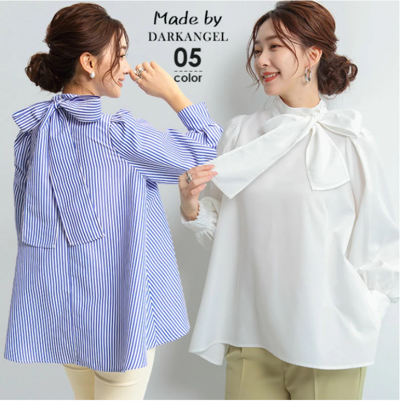 Cross-border Foreign Trade Japanese Spring and Autumn Lantern Sleeve Bow Tie-up Collar Long Sleeve Shirt Women's Age-reducing Doll Shirt Top