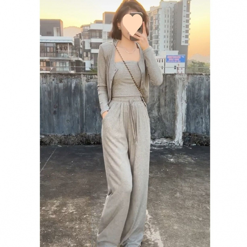網紅2025炸街辣妹套裝女吊帶開衫闊腿褲三件套時尚休閒活潑減齡潮
