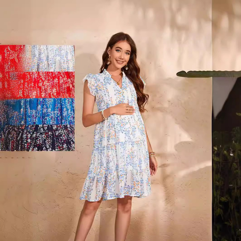 2026 Independently Designed European and American Maternity Dress with Printed V-Neck, Summer Sleeveless A-Line Dress, Loose Chiffon