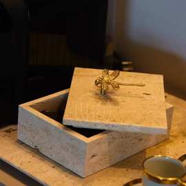 黄洞石收纳盒大理石置物盒梳妆台首饰盒化妆棉签杂物整理盒牙签盒