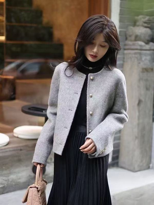 哥家商场同款女装2025秋季韩系灰色小香风外套女毛呢单面呢上衣|undefined