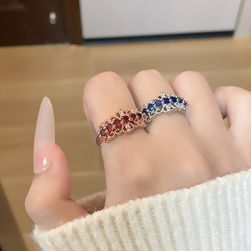 中古宮廷風復古小眾設計皇冠彩色排鑽開口戒指女蕾絲鏤空食指戒